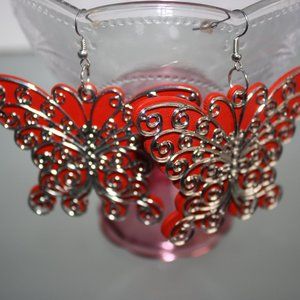 Red & Silver Filigree Butterfly Earrings